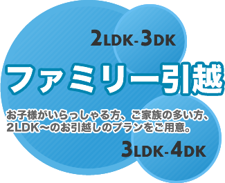 ファミリー引越 お子様がいらっしゃる方、ご家族の多い方、2LDK~のお引越しのプランをご用意。